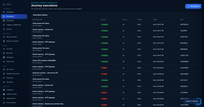 Journey executions table with business journeys, healthy or failed outcomes, versions, durations and seeds.