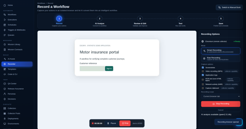 Recorder capturing a sign-in on a synthetic motor insurance portal, with recording options and capture settings.